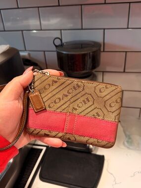 Coach Signature Jacquard Wristlet Khaki Brown with Pink Stripe EUC